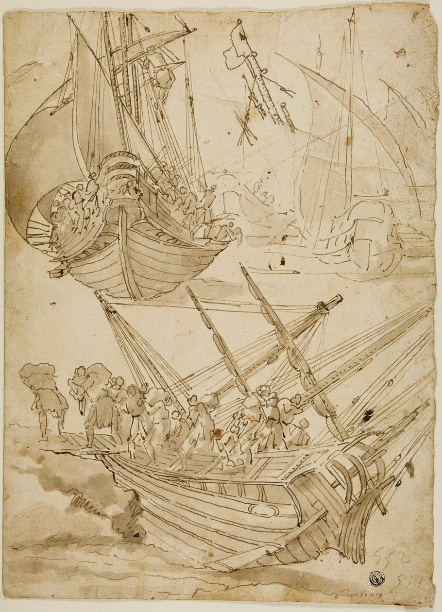 Besatzung verlässt das Schiff (recto); Skizzen von korinthischen Säulen (verso) von Lazzaro Tavarone