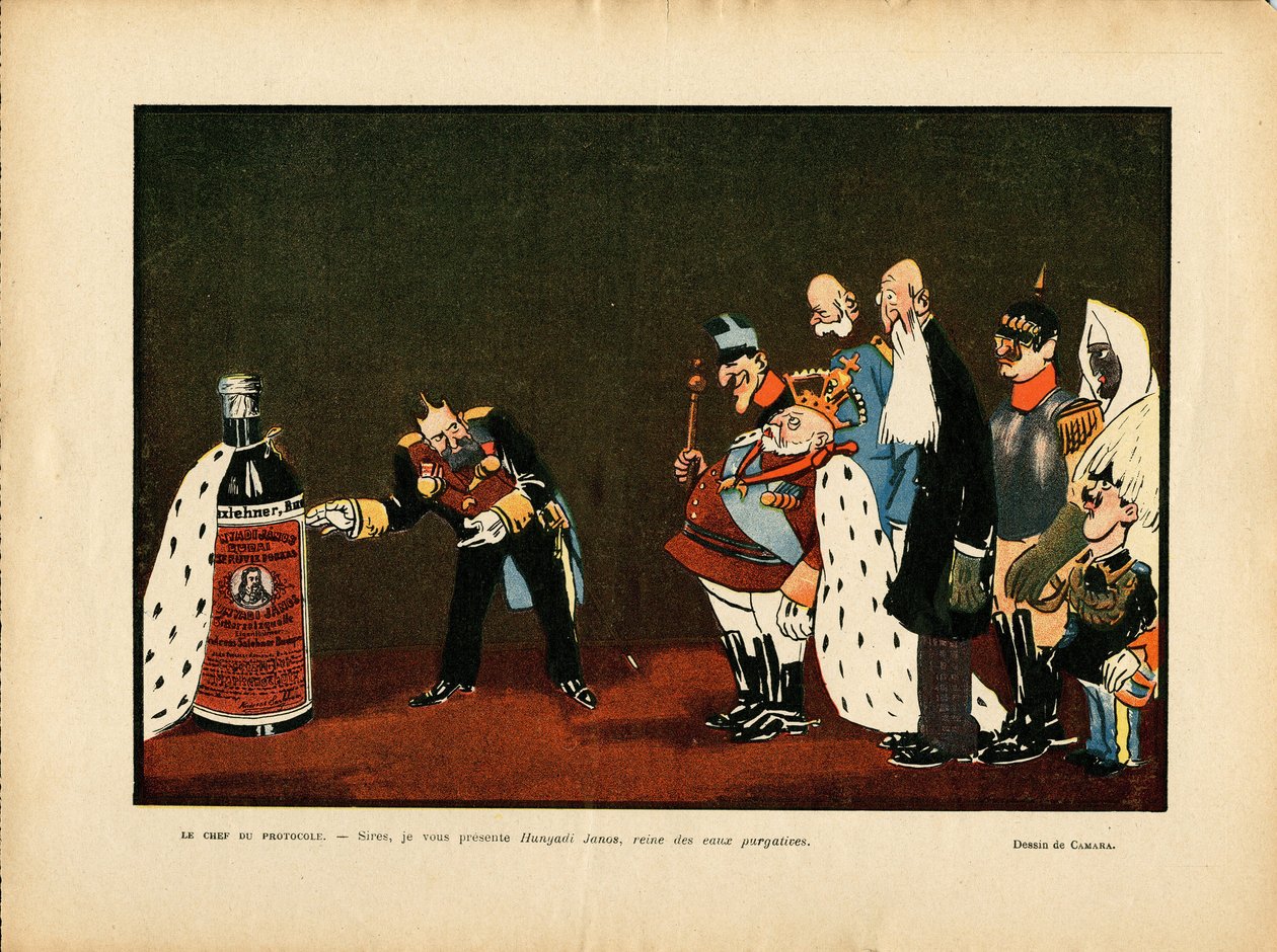 Illustration von Leal de Camara in Le Rire, 25/12/09 - Belgien, Europa, Portugal, Österreich, Alkohol, Alkoholismus, Protokoll - Wilhelm II, Leopold II, Edward VII, Alfons XIII, Franz Joseph I. von Österreich, Sultan von Leal de Camara