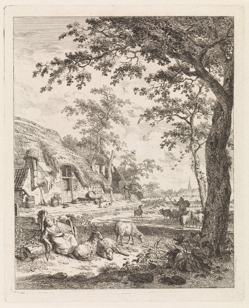 Hirtin mit Schafen vor einem Bauernhof von Leendert Overbeek