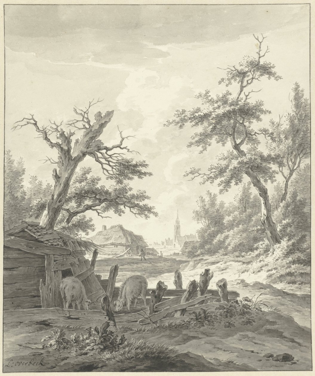 Landschaft mit einem Schweinestall im Vordergrund von Leendert Overbeek