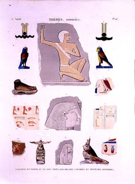 Illustrationen von bemalten Reliefs auf Stein- und Holzfragmenten Hypogees, Theben, Tafel 47 aus Band II von 