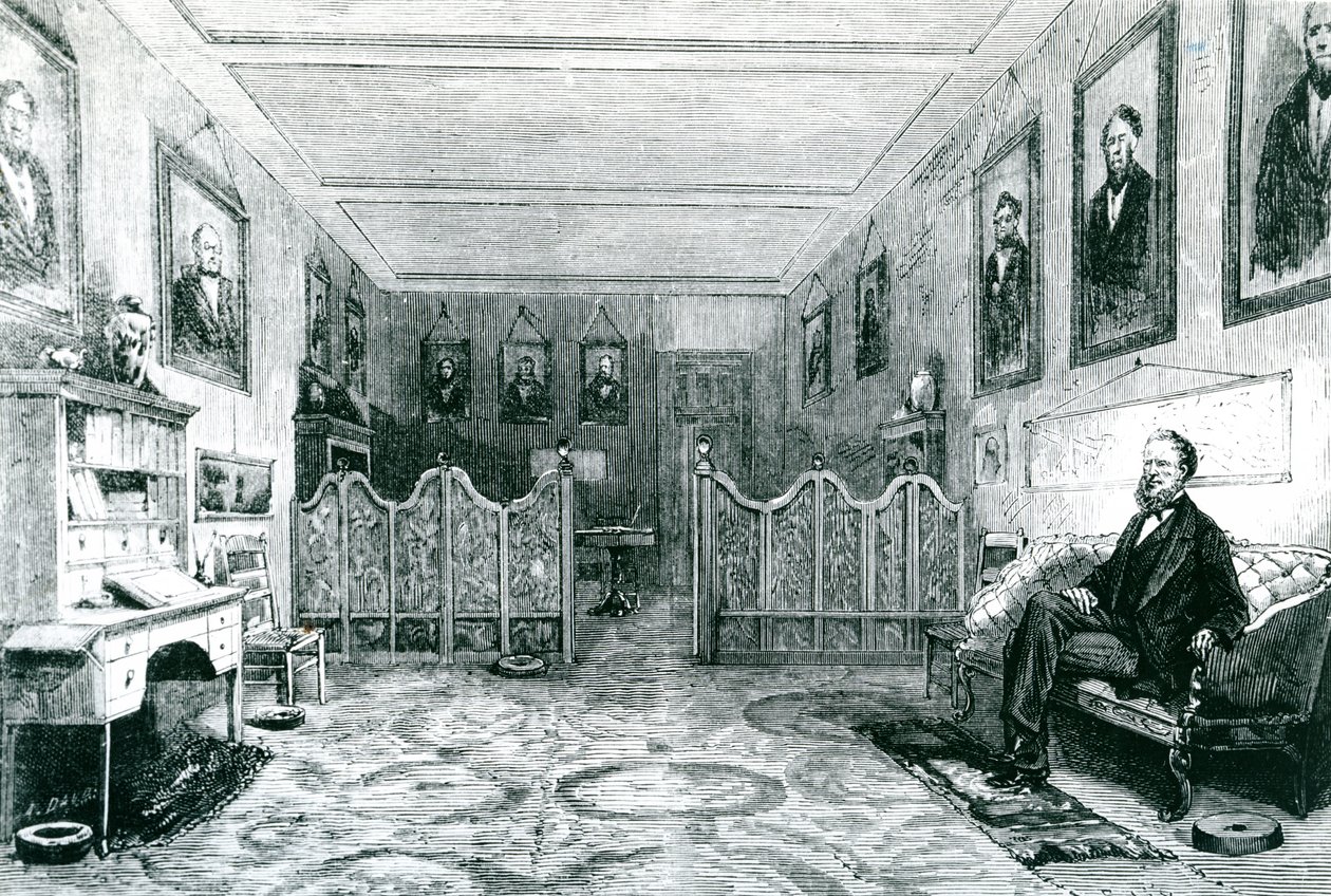 Brigham Young (1801-77), der Hohepriester der Mormonen in seinem Arbeitszimmer, Illustration aus Le Monde Illustré, veröffentlicht 1871 von Leo after Nye