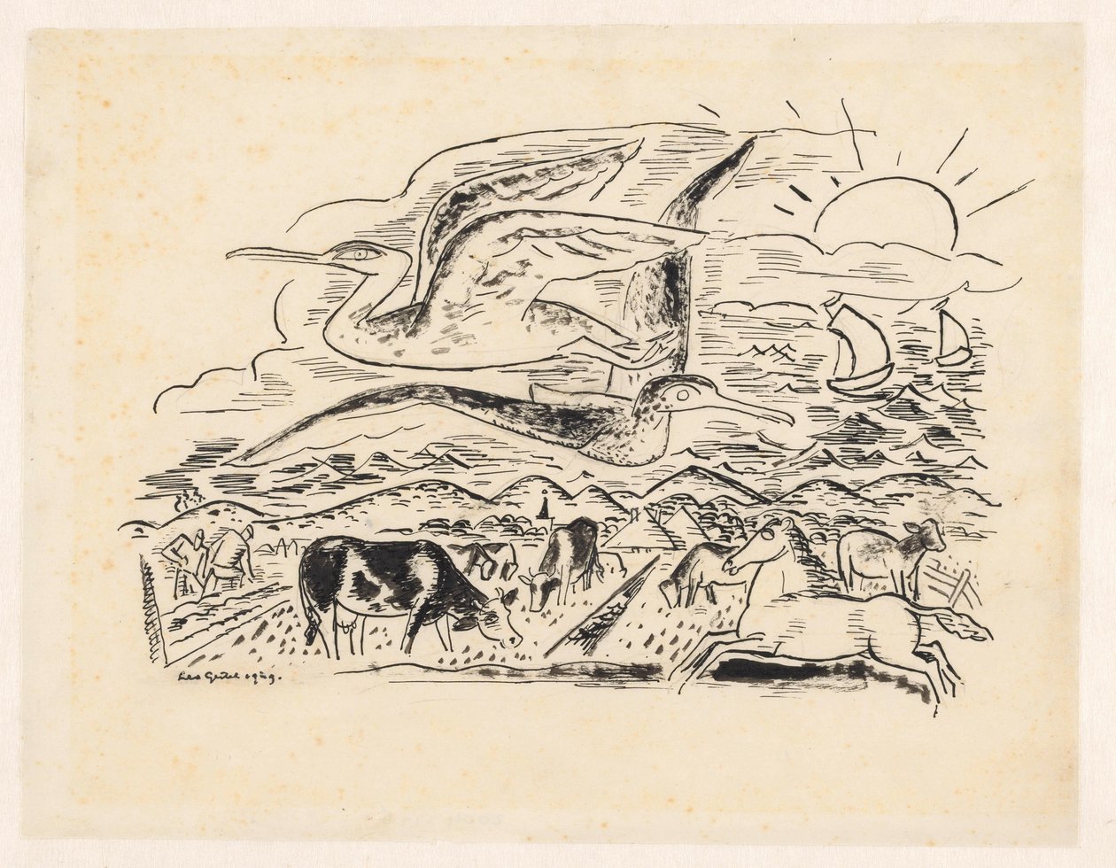 Zwei Vögel fliegen über eine Landschaft mit Vieh von Leo Gestel (signed by artist)