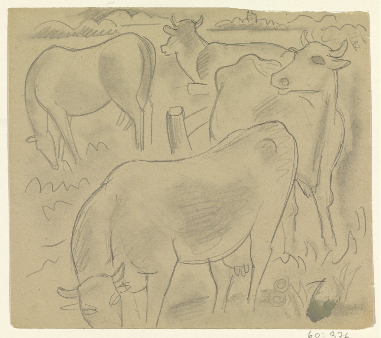 Drei Kühe und ein Pferd auf der Weide von Leo Gestel