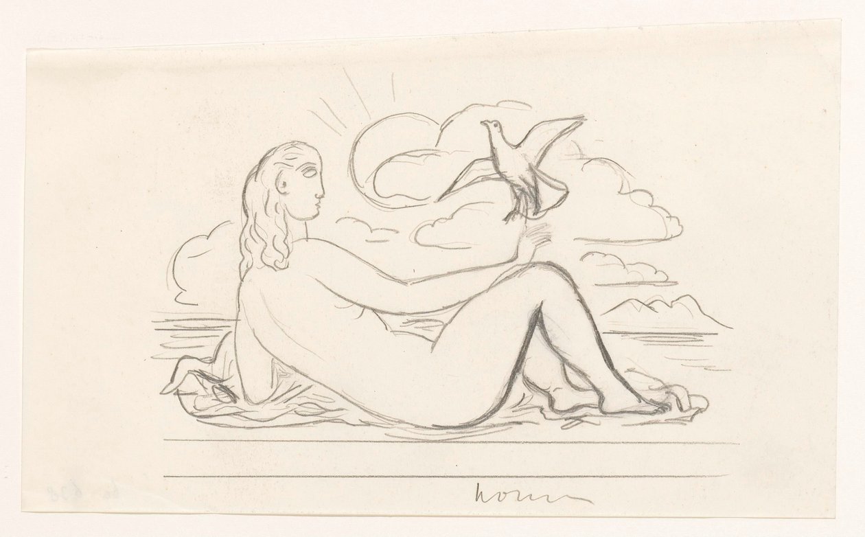 Liegender weiblicher Akt am Strand und eine Möwe von Leo Gestel