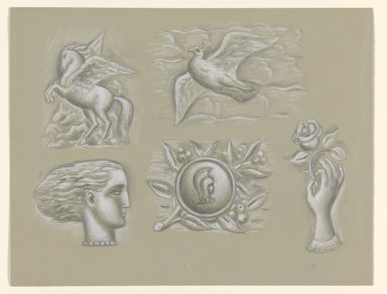 Pegasus, Taube, Frauenkopf, Wappen und Hand mit Rose von Leo Gestel