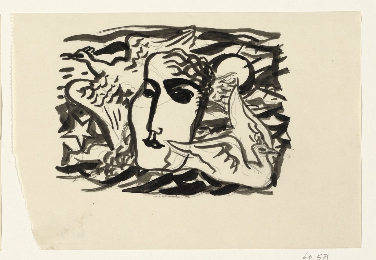 Frauenkopf und Möwen mit Meer im Hintergrund von Leo Gestel