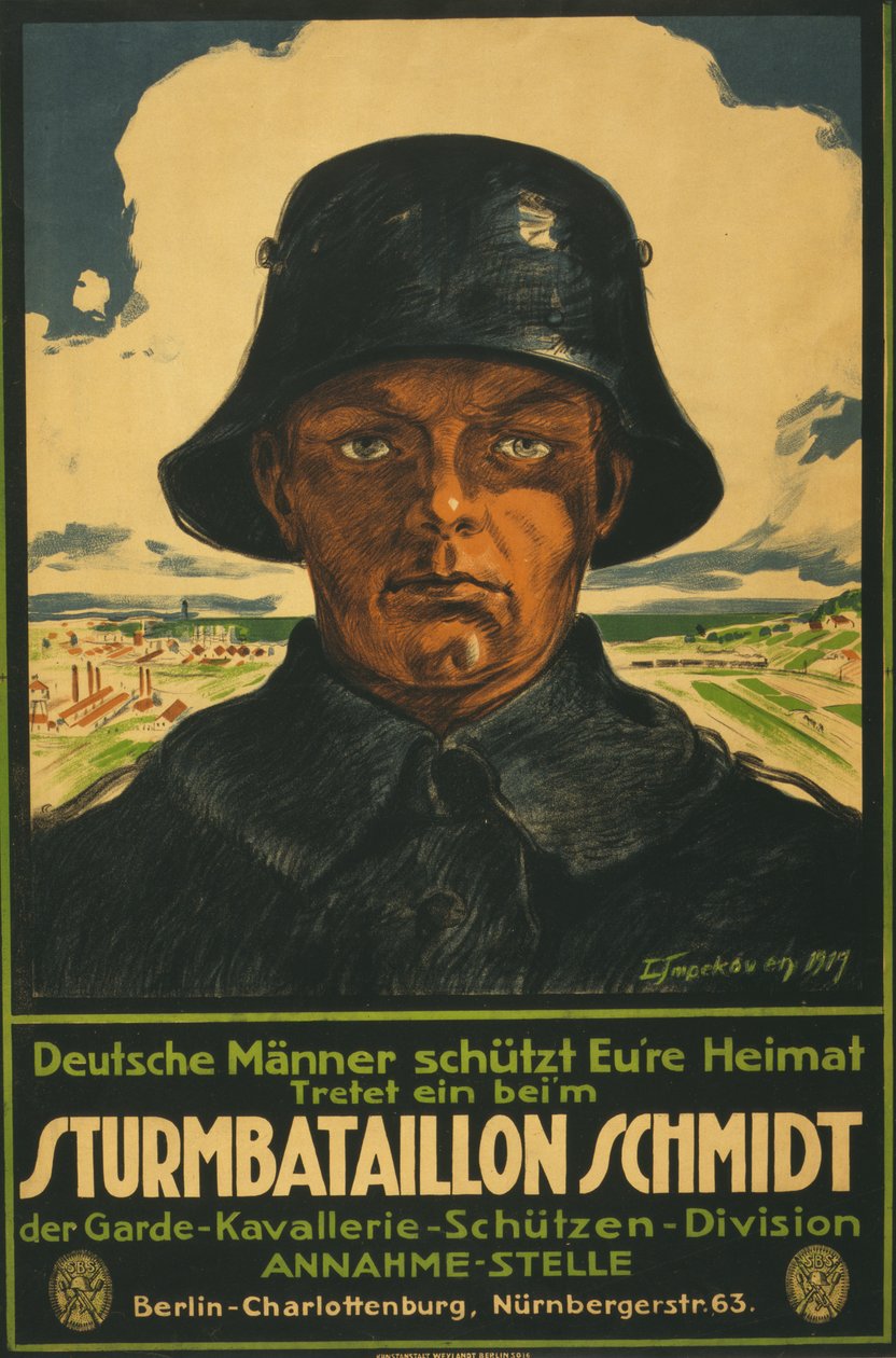 Sturmbataillon Schmidt; Deutsche Männer schützt Eure Heimat! 1919 (Farblithographie) von Leo Impekoven