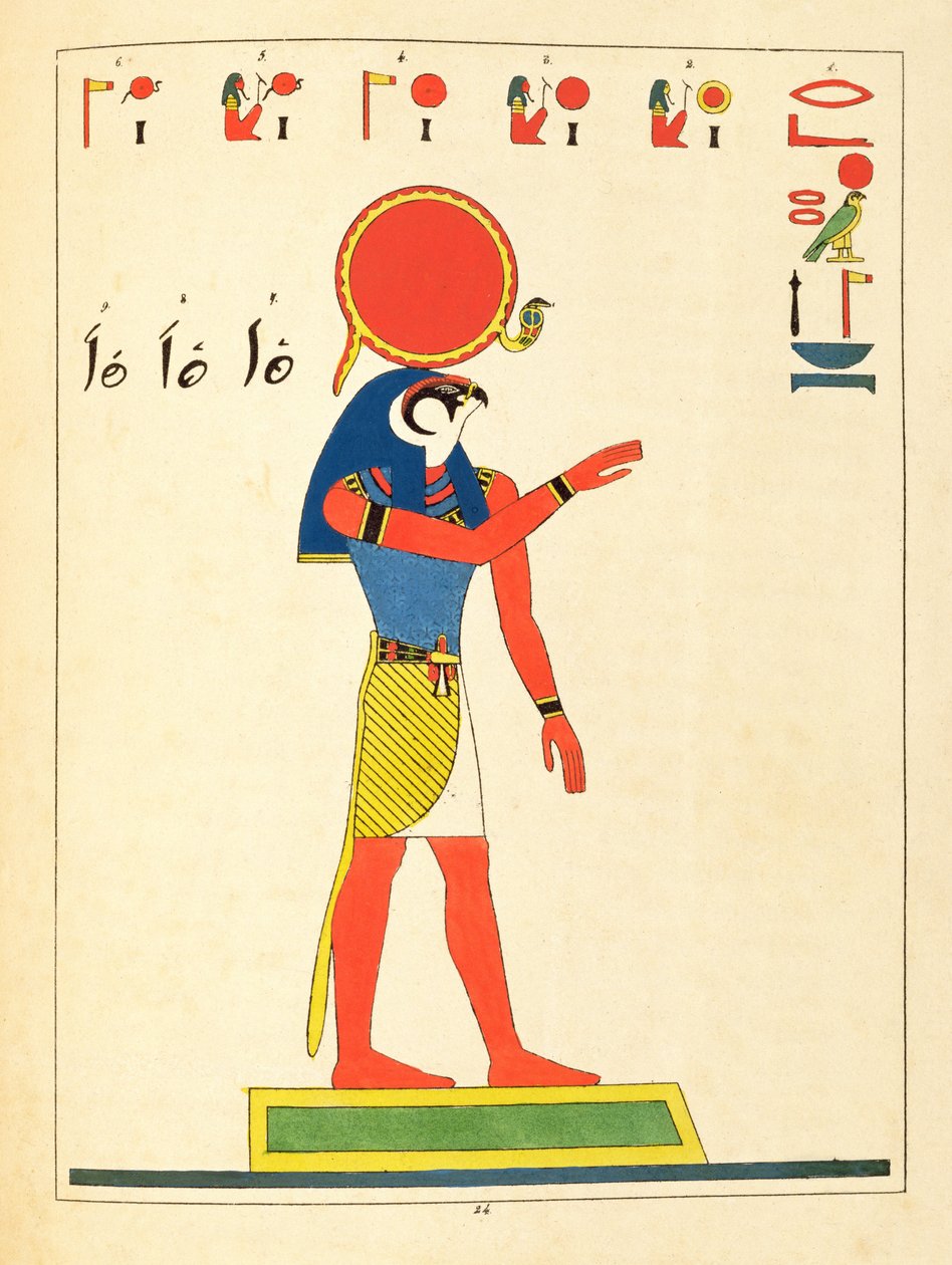 Der Gott Re, Illustration aus Pantheon egyptien: Sammlung der mythologischen Figuren des Alten Ägypten von Jean-Francois Champollion, veröffentlicht 1823-25 von Leon Jean Joseph Dubois