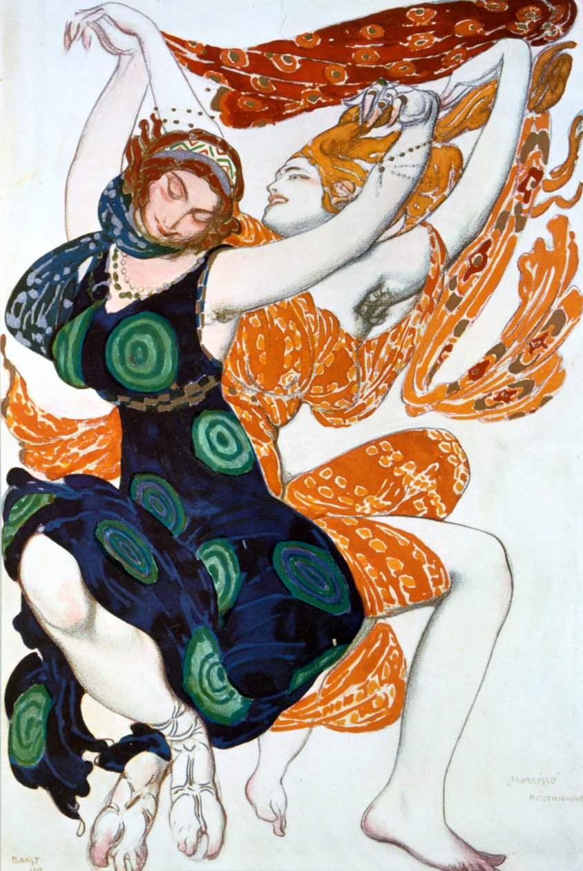 Zwei Bacchantinnen, Kostümentwurf für eine Ballets Russes Produktion von Tcherepnins Narcisse von Leon Bakst