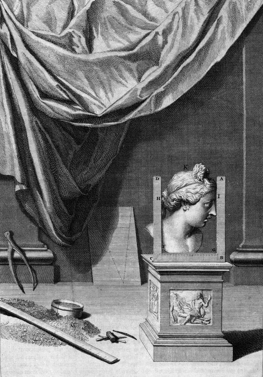 Abhandlungen über Architektur, eine Büste einer klassischen Statue und architektonische Werkzeuge: Tafel aus „De Architectura Libri decem“ von Leon Battista Alberti (1404-1472), Architekt, Mathematiker, italienischer Dichter der Renaissance, London von Leon Battista Alberti