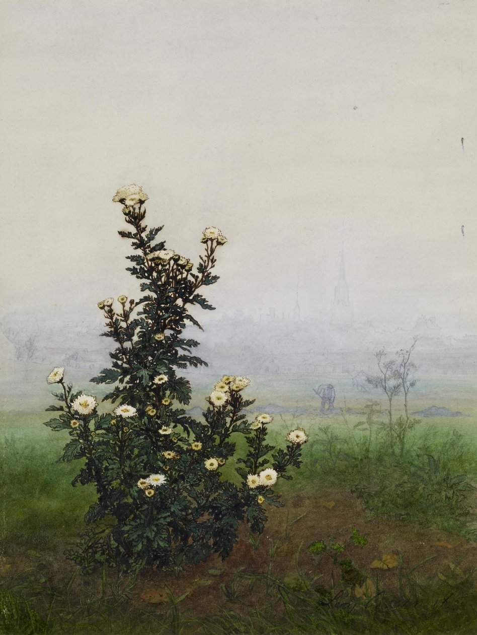 Mutterkraut vor einer Landschaft, Issy-les-Moulineaux (?) von Léon Bonvin