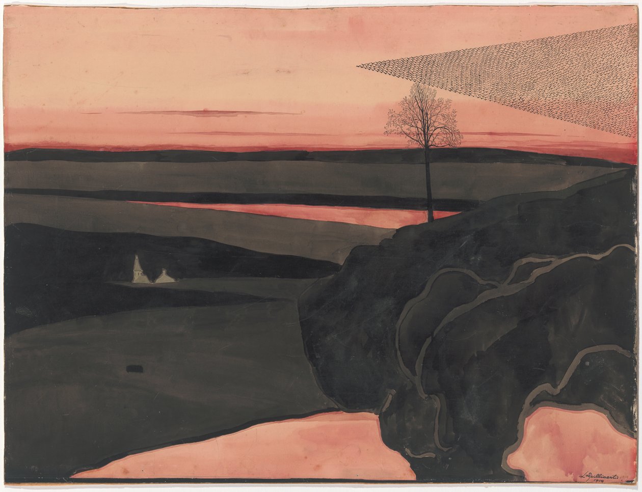 Landschaft unter einem roten Abendhimmel mit Zugvögeln von Leon Spilliaert