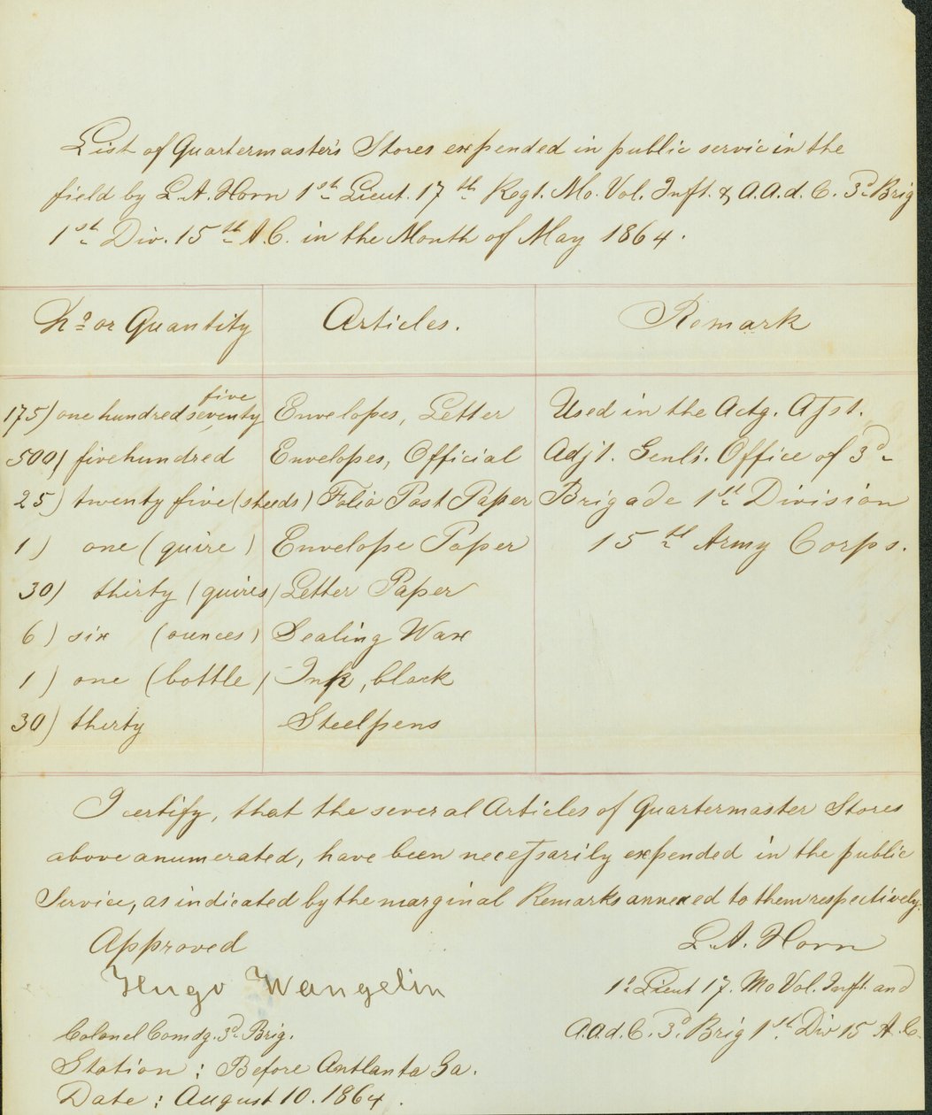 Liste der im Mai 1864 im öffentlichen Dienst aufgebrachten Gegenstände von L.A. Horn von Leonard A. Horn