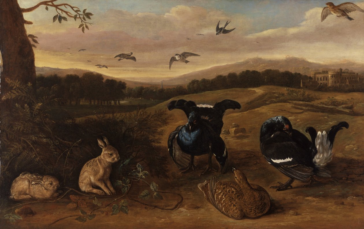 Schwarzwild, Kaninchen und Schwalben in einem Park von Leonard Knyff