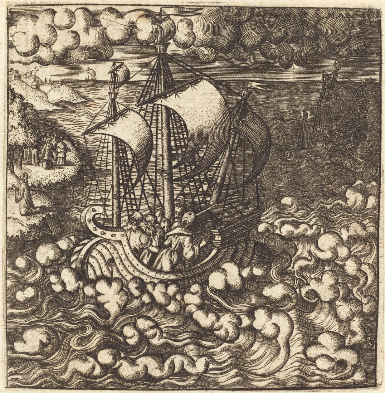 Christus betet, während seine Jünger auf einem stürmischen Meer in einem Boot sind von Leonard Gaultier