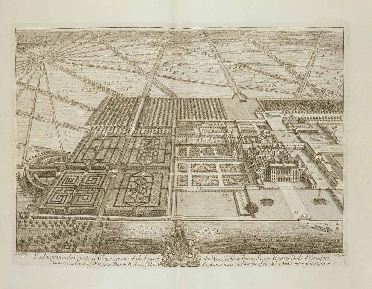 Badminton House in der Grafschaft Gloucester, graviert von Johannes Kip (um 1652-1722) von Leonard Knyff