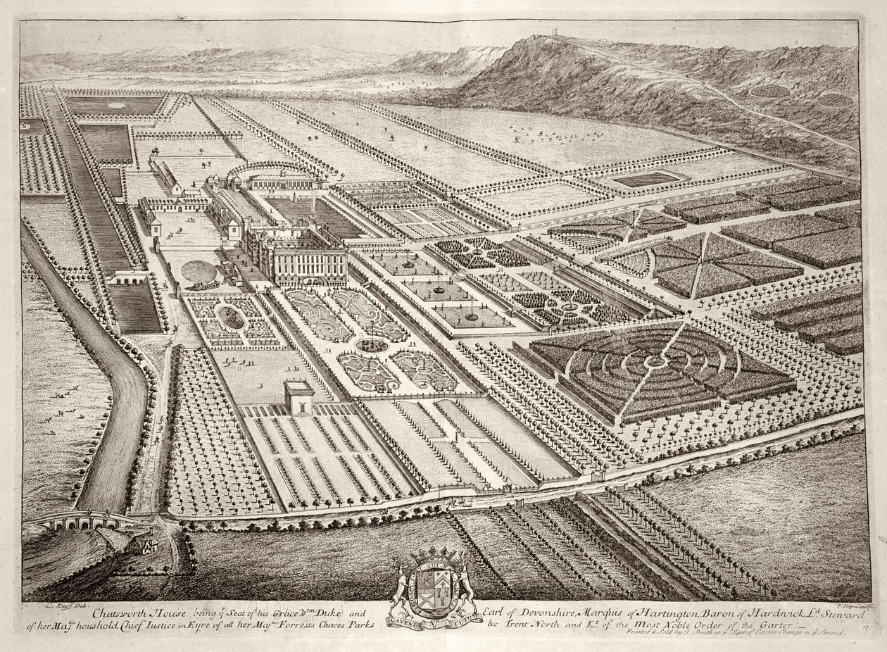 Chatsworth House, Sitz von William Cavendish (1640-1707), 1. Herzog von Devonshire, graviert von Johannes Kip von Leonard Knyff