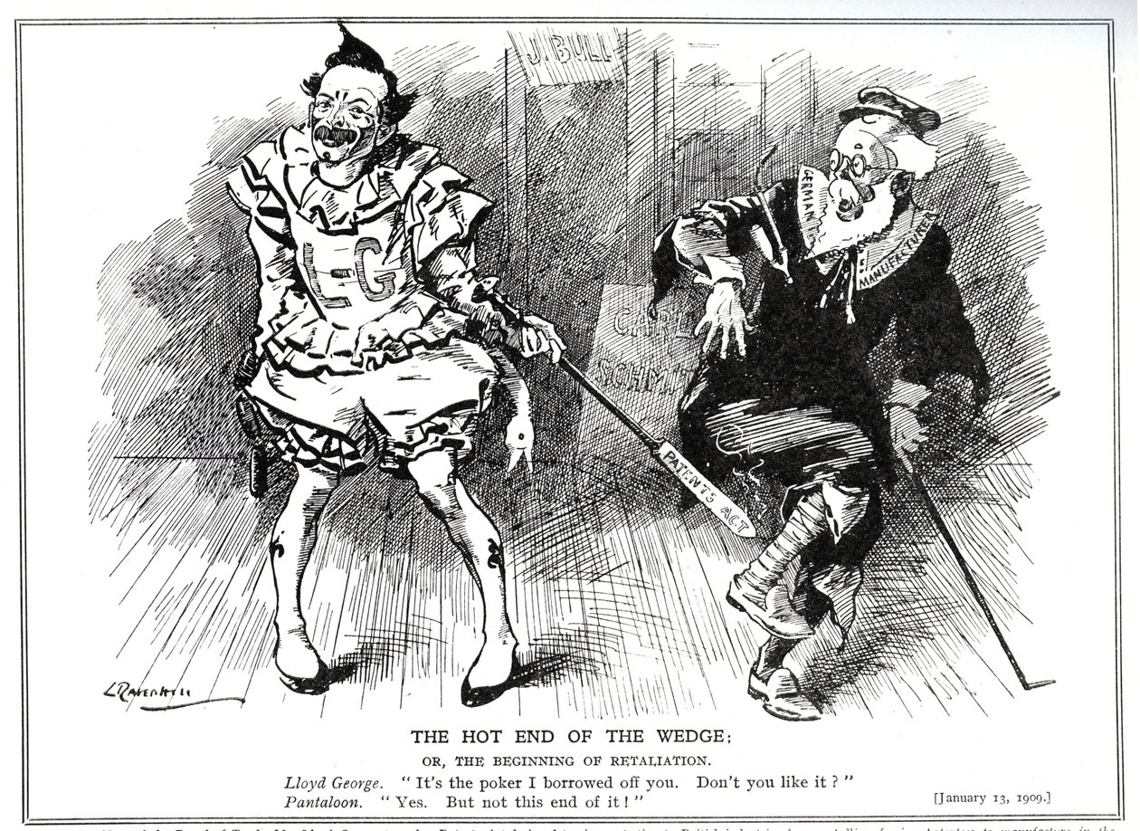 Lloyd George, als Präsident des Handelsamtes, schützt die britische Industrie gegen deutsche Konkurrenz durch das 