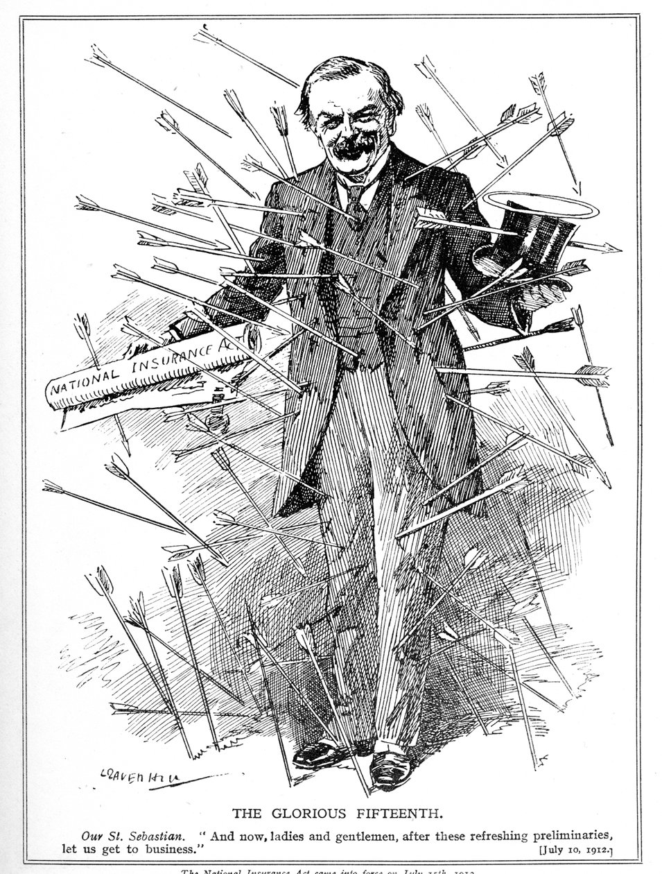 Lloyd George, dargestellt als Märtyrer, St. Sebastian, unter Beschuss für sein National Insurance Act, das am 15. Juli 1912 in Kraft trat von Leonard Raven Hill