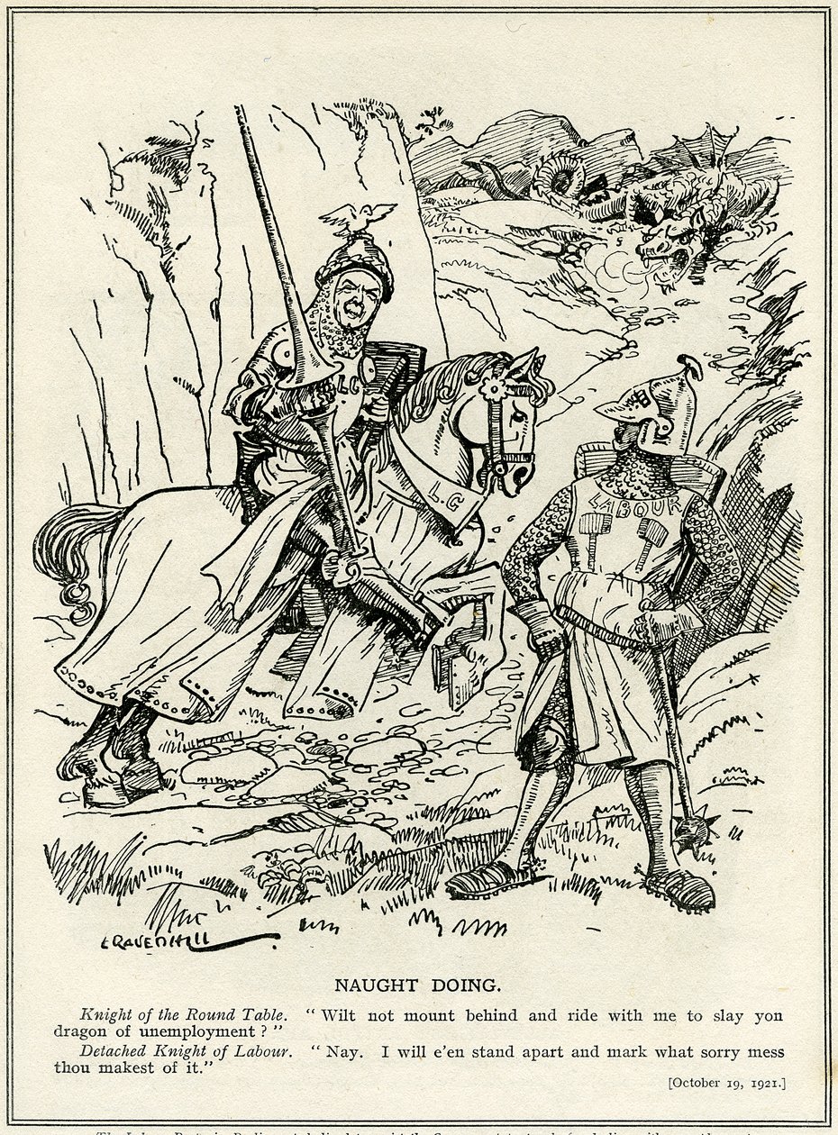 Die Labour Party weigert sich, sich Lloyd George anzuschließen, um den Drachen der Arbeitslosigkeit zu töten, 1921 von Leonard Raven Hill