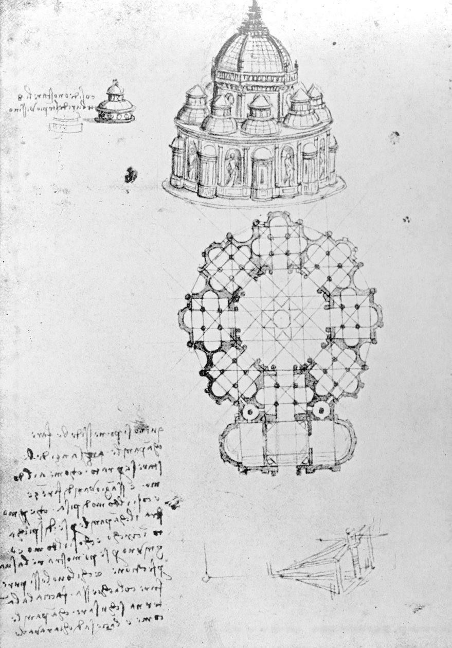 Zentralisierte Kirche und maritime Ingenieurkunst, Fol. 5v aus dem Codex Ashburnham (ehemals Teil des Manuskripts B (2184), ca. 1488 von Leonardo da Vinci