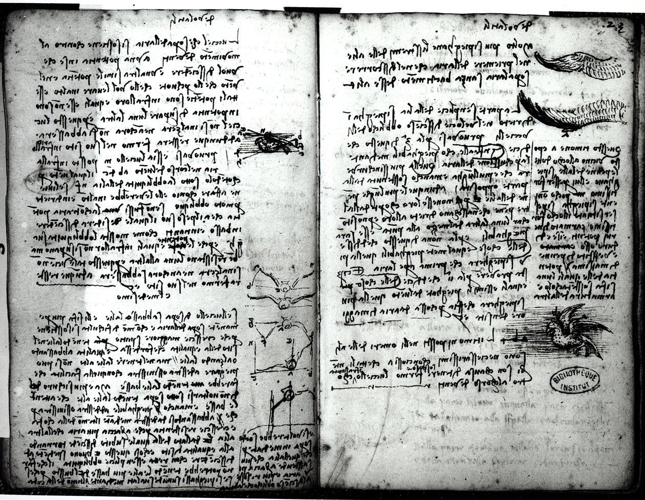 Paris Manuskript E, fol. 22v und 23r: Skizze des Vogelflugs, 1513-14 von Leonardo da Vinci