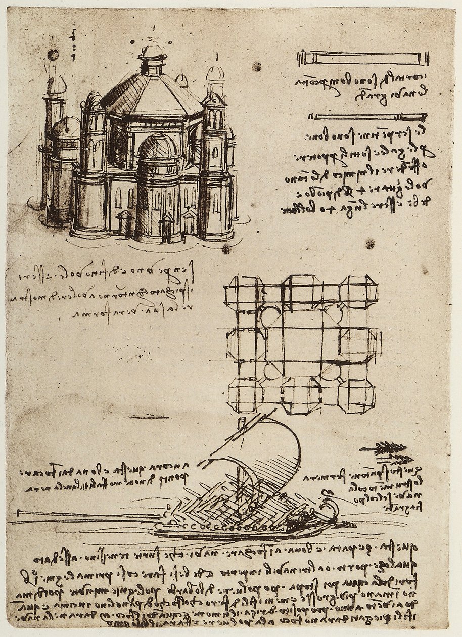 Projekt für eine Kirche auf einer zentralen Achse und ein Boot mit Rudern und Segeln, Zeichnung von Leonardo da Vinci, Teil des Codex B (2173), c.39v, aufbewahrt im Institut de France, Paris von Leonardo da Vinci