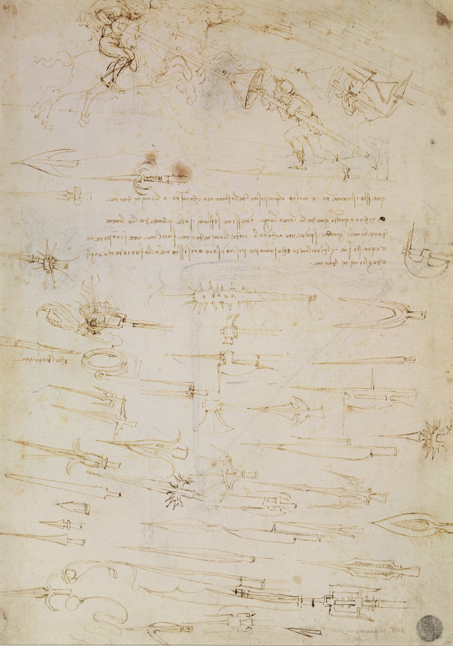Blatt mit Studien von Fußsoldaten und Reitern im Kampf und Hellebarden, 1485-1488 von Leonardo da Vinci