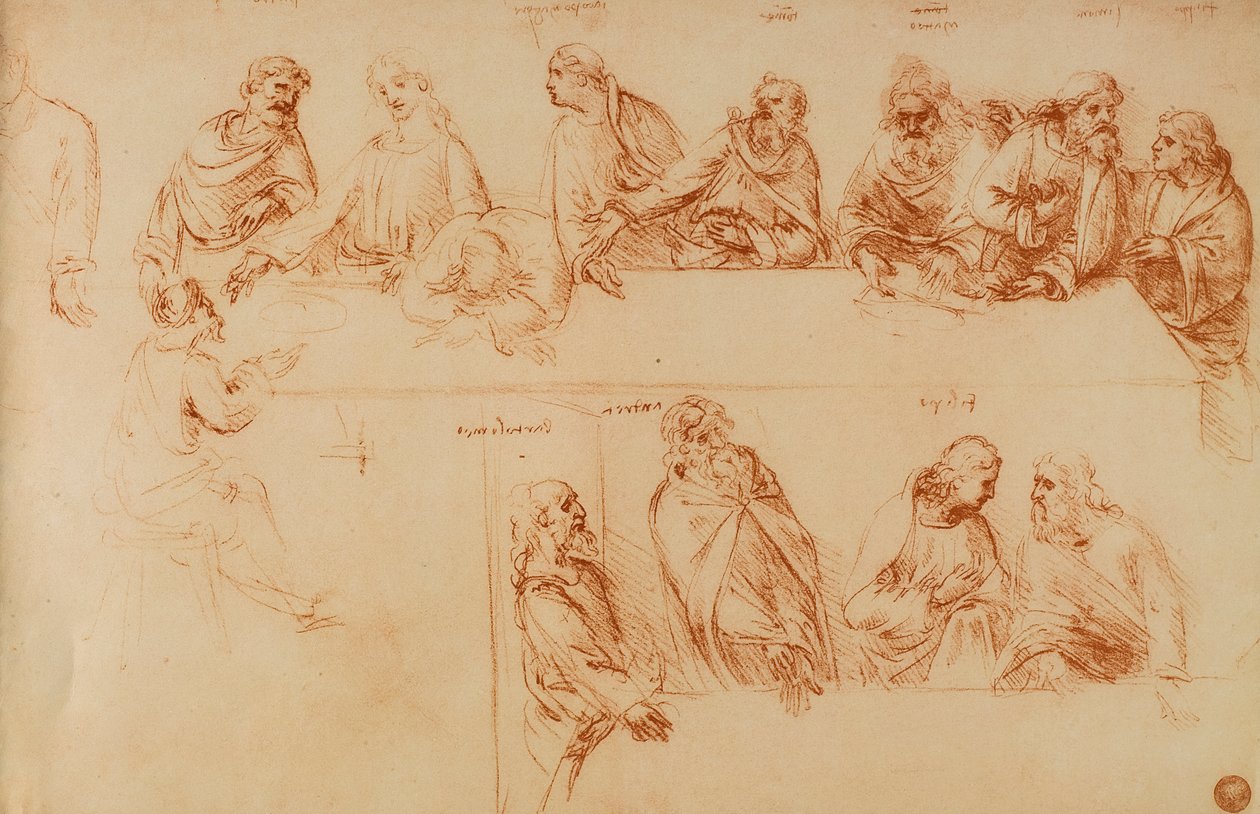 Studie für das Letzte Abendmahl: Rötelzeichnung von Leonardo da Vinci. Gallerie dell