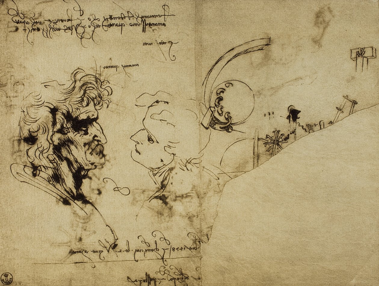 Studie verschiedener Figuren und eines alten Mannes Kopf; Zeichnung von Leonardo da Vinci. Gabinetto dei Disegni e delle Stampe, Uffizien-Galerie, Florenz von Leonardo da Vinci