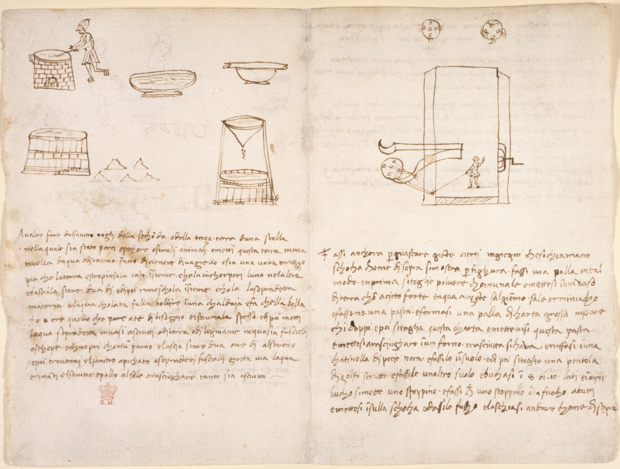 Notizen und grobe Skizzen zum Herstellungsprozess von Salpeter zur Vorbereitung von Schießpulver (nicht von Leonardo) von Leonardo da Vinci