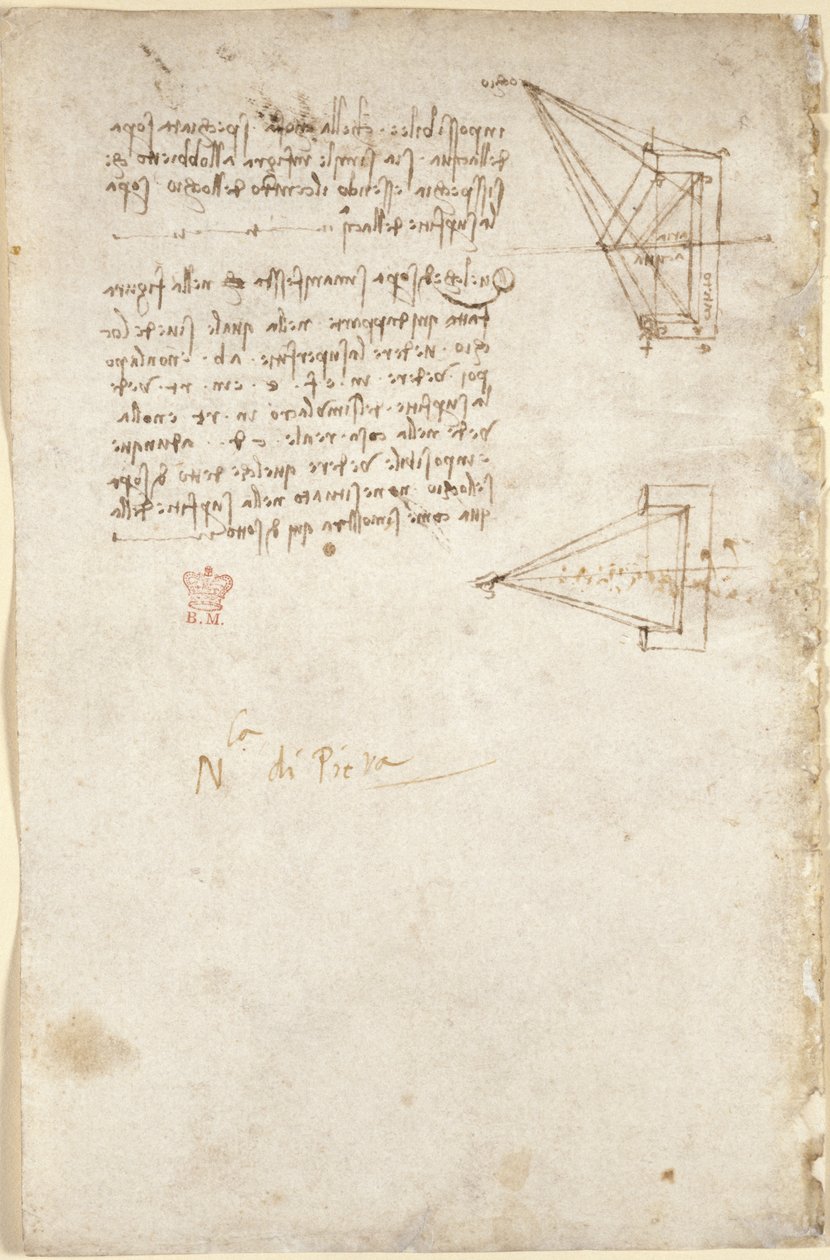 Arundel 263, f.93v Notizen und schematische Skizze zur Optik; Notiz 