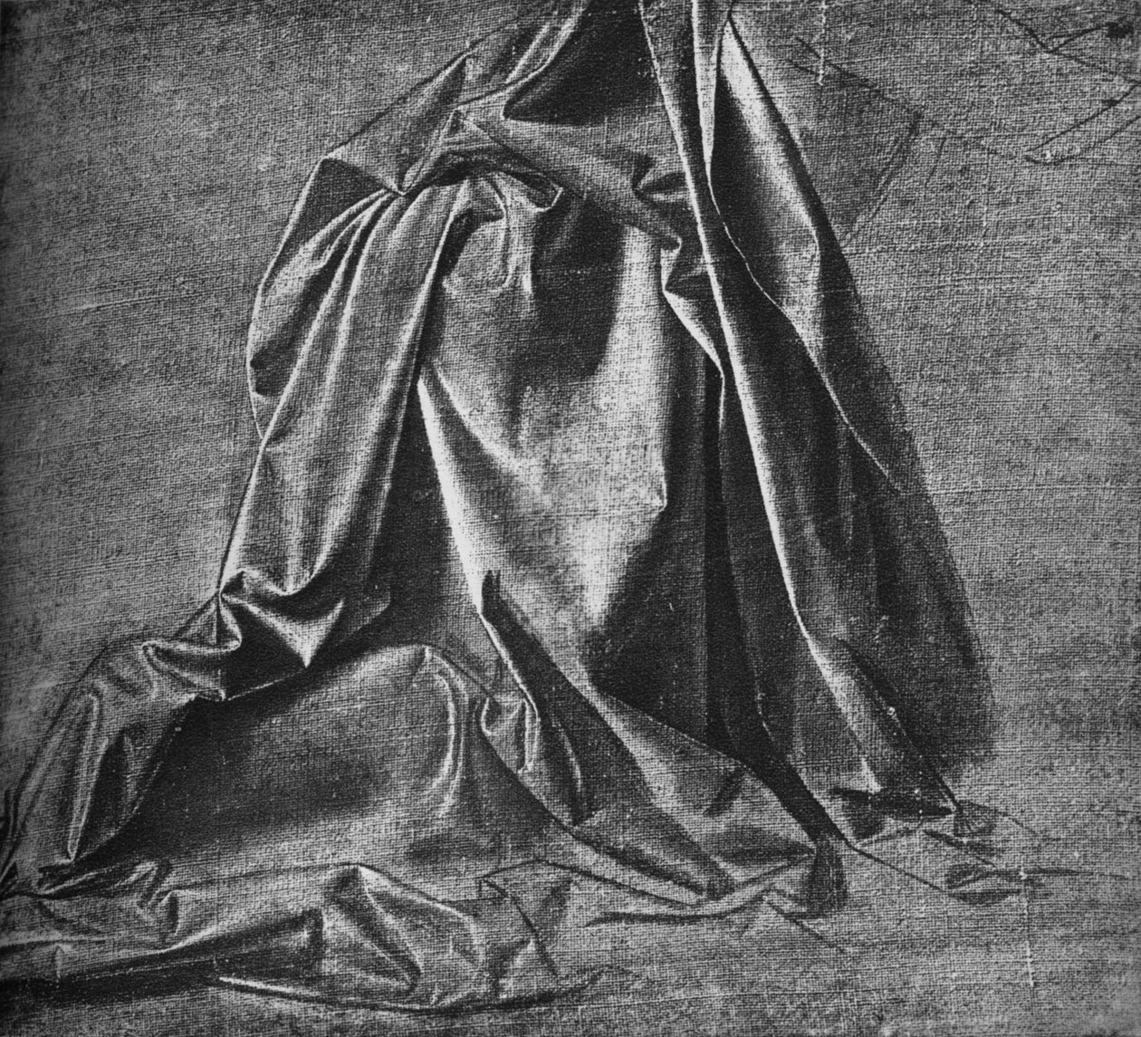 Gipsabdruck eines Gewandes für eine kniende Figur nach rechts, ca. 1470 von Leonardo da Vinci
