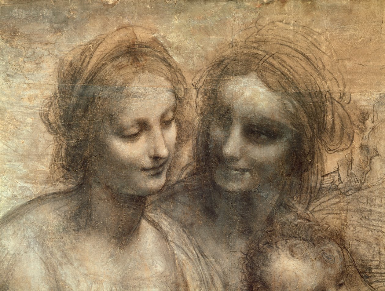 Detail der Köpfe der Jungfrau und der hl. Anna, aus Die Jungfrau und das Kind mit den hl. Anna und Johannes dem Täufer, ca. 1499 (Detail) von Leonardo da Vinci