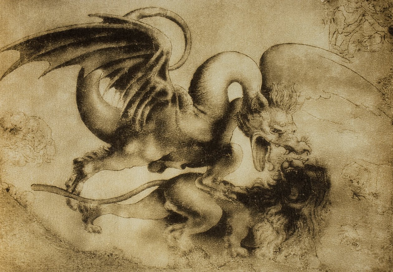 Drache tötet einen Löwen, Zeichnung von Leonardo da Vinci. Gabinetto dei Disegni e Stampe, Uffizien, Florenz von Leonardo da Vinci