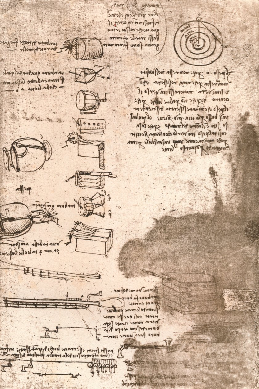 Zeichnung von Musikinstrumenten und anderen Objekten von Leonardo da Vinci