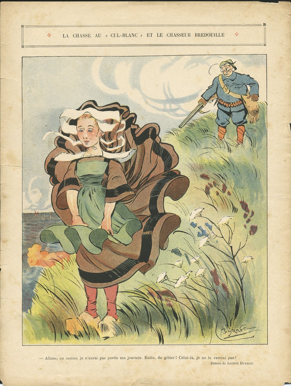 Illustration von Leonce Burret (1865-1915) in Le Rire, 03/09/10 - Die Jagd nach dem weißen Cul-Blanc und dem Dummjäger - Landschaft, Freizeit, Naturvegetation, Jagdjäger, maritime Meeresküste - Bauern, Landwirte von Leonce Burret