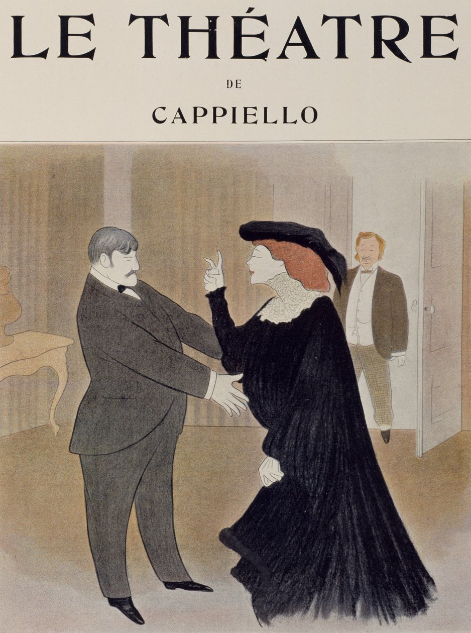 Schauspieler Lucien Quitry und Jane Harding in einer Szene aus La Chatelaine, aufgeführt im Renaissance-Theater in Paris, Zeichnung von Leonetto Cappiello, Titelseite der Zeitschrift Theatre, April 1903 von Leonetto Cappiello