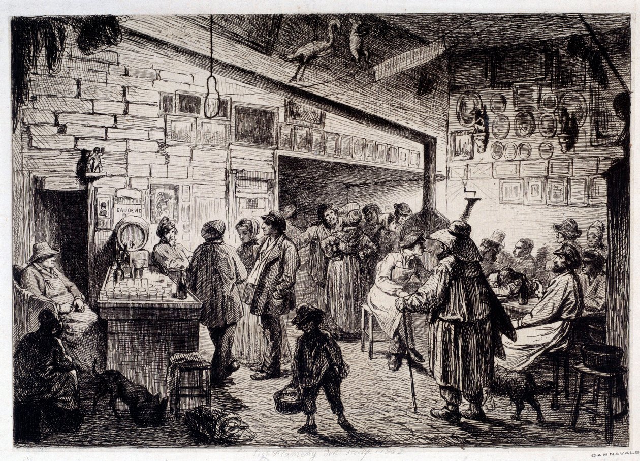 Ansicht des Inneren des Kabaretts des Weißen Kaninchens, abgerissen 1860. Gravur von Leopold Flameng (1831-1911) 1863 Paris, Musée Carnavalet von Leopold Flameng