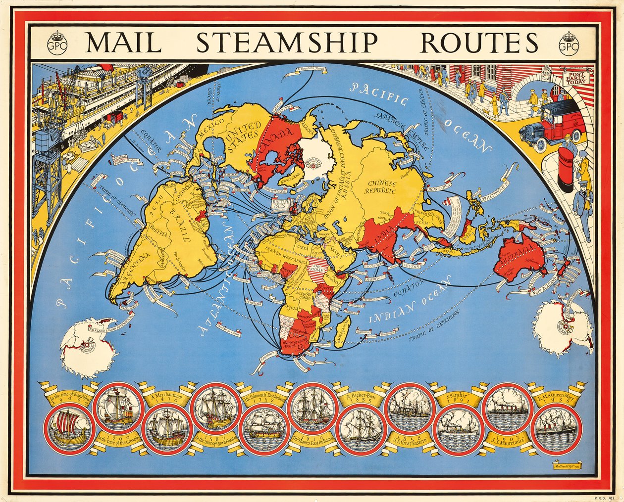 Plakat, das Postdampfschiffrouten bewirbt von Leslie MacDonald Gill
