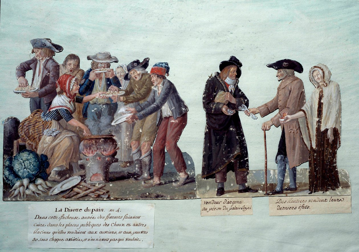 Szenen unter der Französischen Revolution: „Brotknappheit, Geldverkäufer und Rentner, die ihre Effekte verkaufen“. Gouache der Brüder Lesueur, um 1789. Musée Carnavalet, Paris von Lesueur Brothers