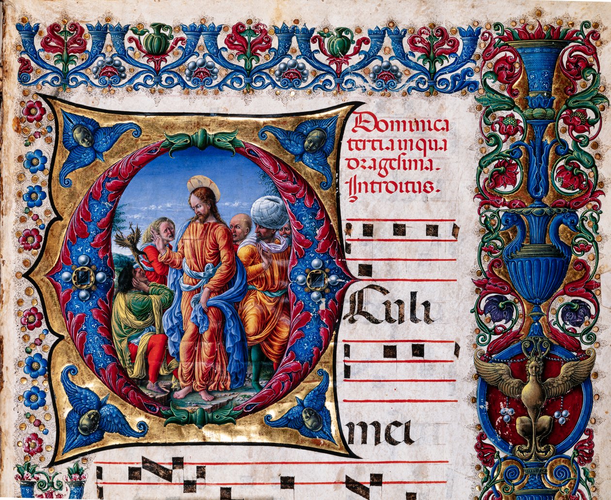 Piccolomini-Bibliothek: Chorbuch, cod. 21.6, ff. 2r mit „Austreibung eines unreinen Geistes“, von Liberale da Verona (ca. 1445 - 1527/9) (Detail) von Liberale da Verona