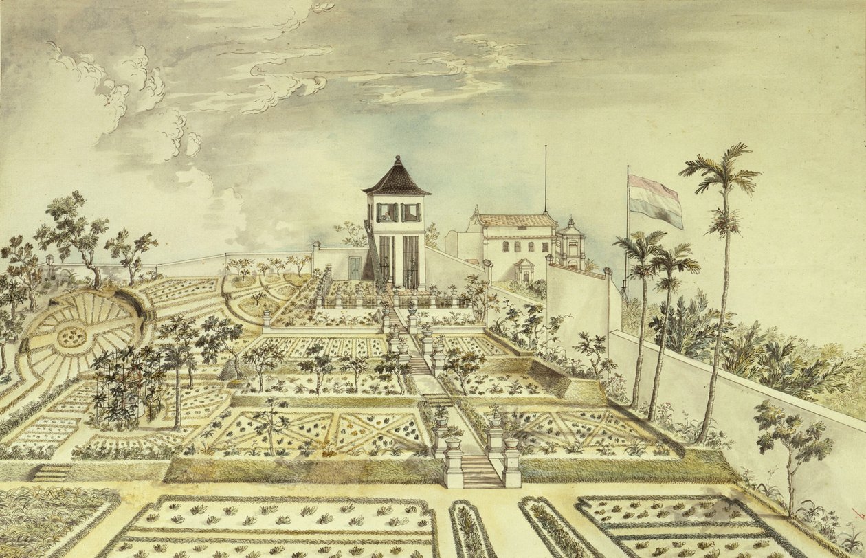 Niederländisches Haus mit umschlossenem Garten auf der Insel Java, Indonesien, Gravur von Unbekannt Unbekannt