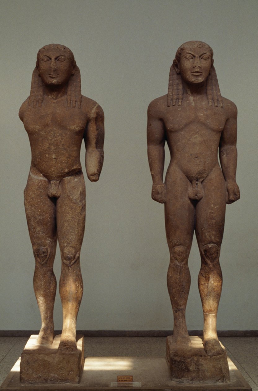 Kleobis und Biton, ca. 610-590 v. Chr., Parische Marmorstatuen, von Polymedes von Argos, gewidmet Delphi von der Stadt Argos, Griechenland, griechische Zivilisation, 7.-6. Jahrhundert v. Chr. von Unbekannt Unbekannt