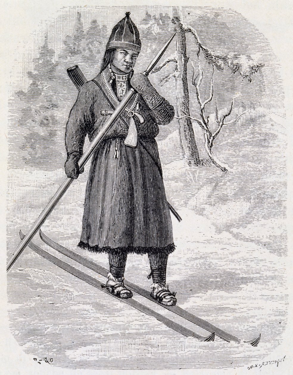 Lars Tuorda, lappländischer Athlet, der 1884 den von Adolf Erick Nordenskjold organisierten Langlaufwettbewerb gewinnt, Tuschezeichnung von Unbekannt Unbekannt