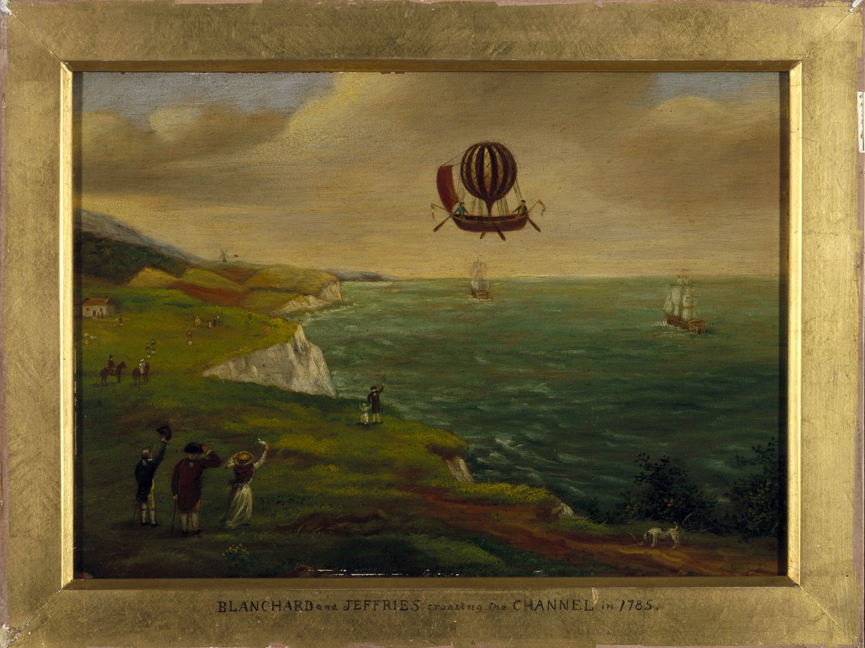 Der Erfinder Jean Pierre Blanchard und der amerikanische Wissenschaftler John Jeffries überqueren den Ärmelkanal in einer fliegenden Maschine, 7. Januar 1785 von Unbekannt Unbekannt