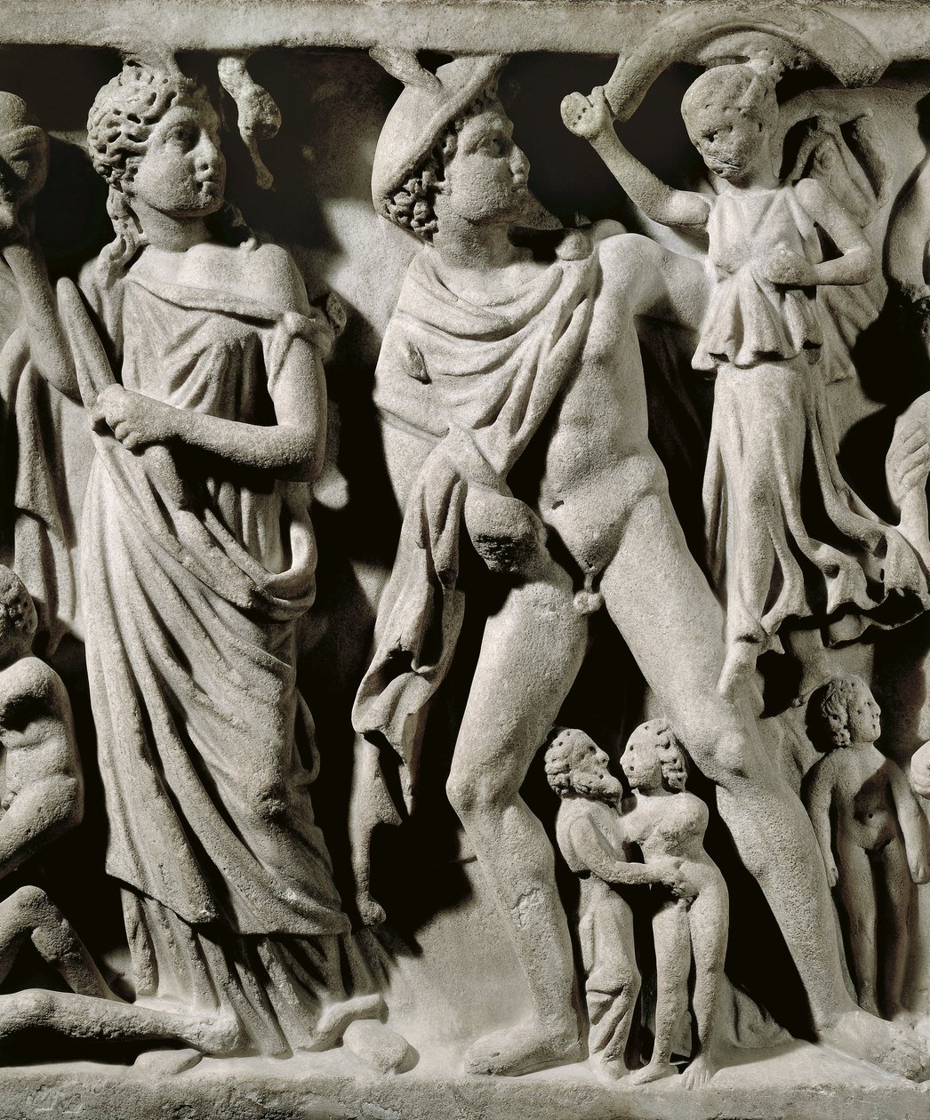 Marmorsarkophag, Relief darstellend den Mythos von Prometheus, Detail, Hermes und eine der Parzen, aus Arles von Unbekannt Unbekannt