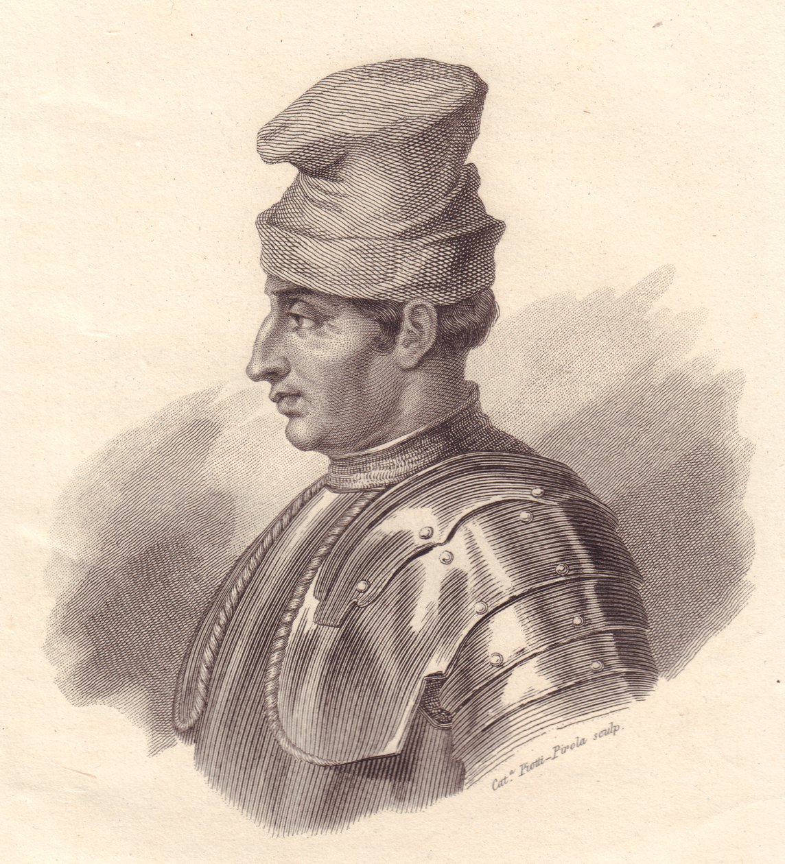 Porträt des italienischen Militärführers Niccolo Fortebraccio, auch bekannt als della Stella (1389-1435), Kupferstich von Caterina Piotti-Pirola von Unbekannt Unbekannt