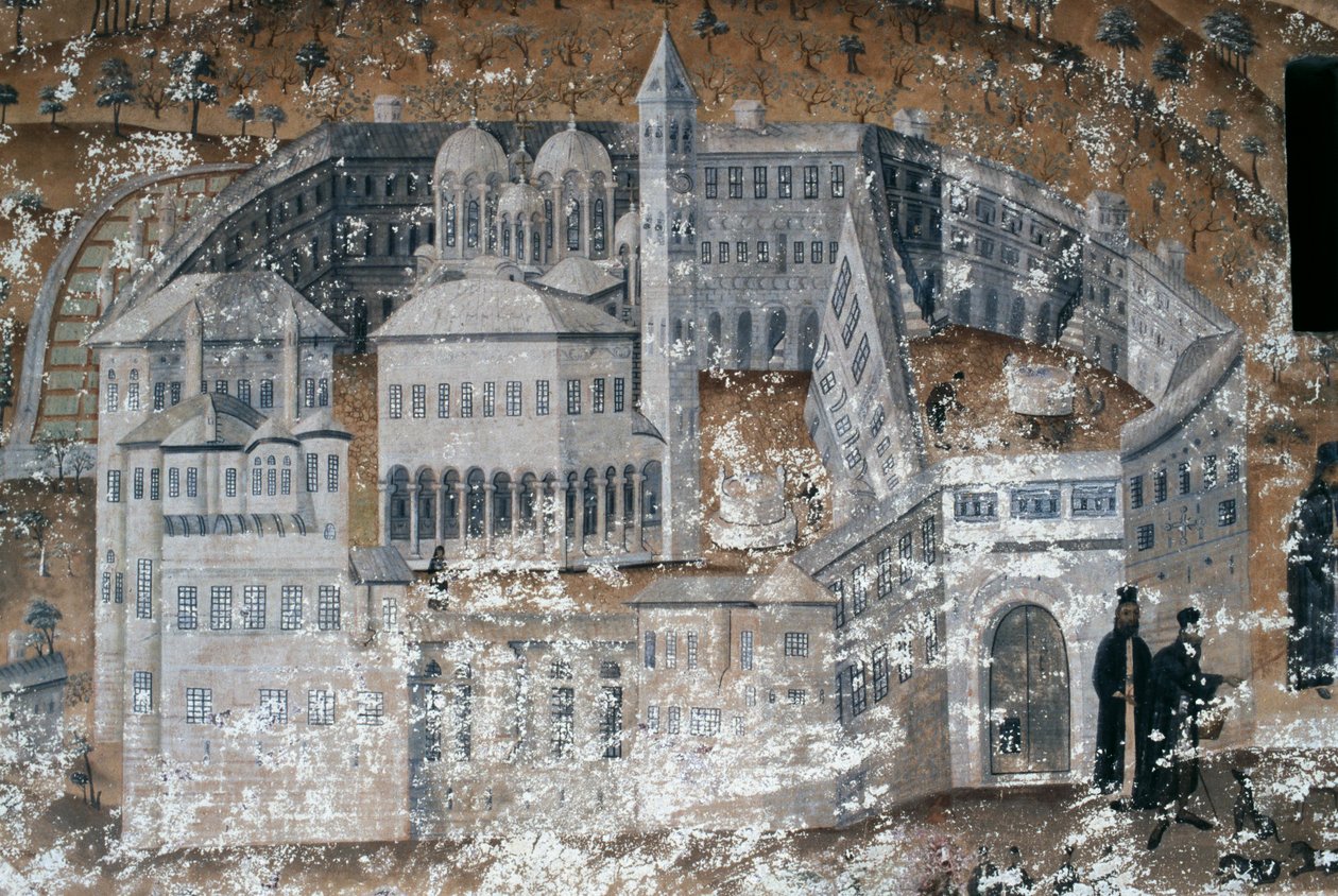 Ansicht des Klosters, Fresko im Kloster Ikosifinissis, nahe Serres, Griechenland von Unbekannt Unbekannt